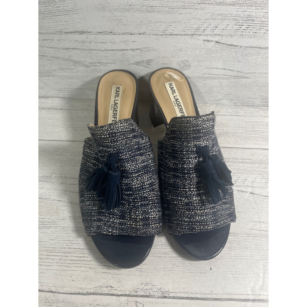Karl Lagerfeld Paris Navy Blue Tweed Tassel Mules Block Heel Slides size 7